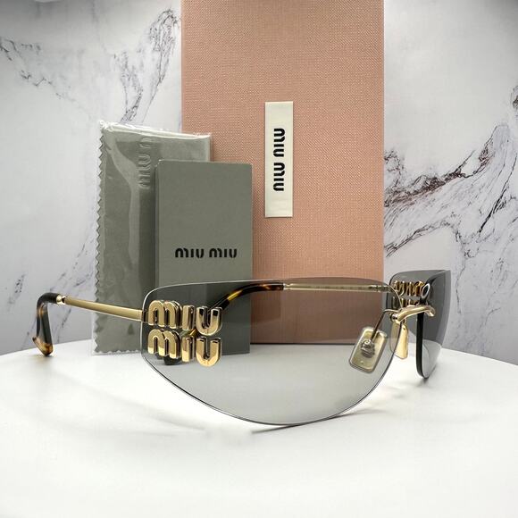 New MIU MIU Logo Sunglasses 2025 Runway Gold Slim Skinny Wrap Rimless Italy - Picture 13 of 16